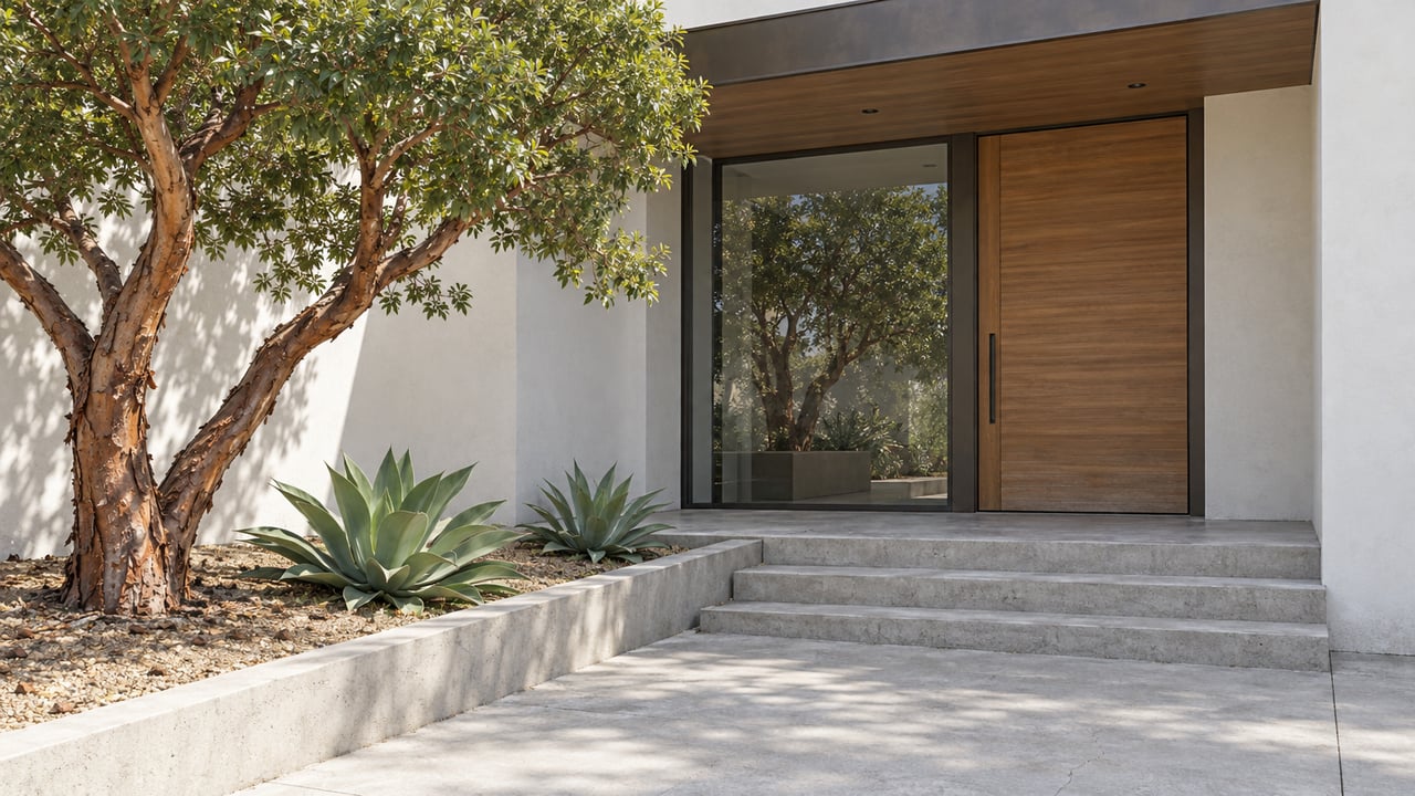 White stucco home with a recessed teak entry, bronze-framed glazing, broad concrete steps and a sculptural strawberry tree.