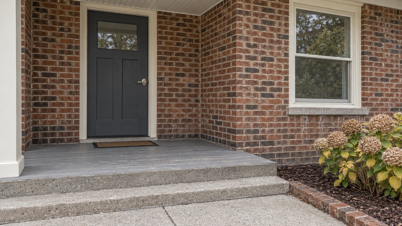 Close view of a brick home's sheltered entrance, charcoal door, cream-trimmed window and weathered gray porch beside dried hydrangea flowers.
