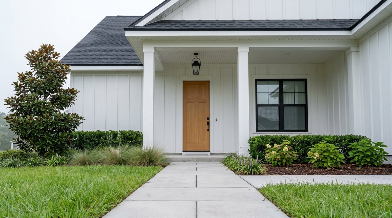 White farmhouse porch with wood-tone door, black-framed window, paver walkway, and magnolia tree.