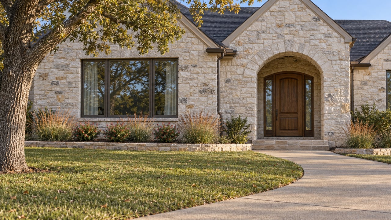 Autumn afternoon light across a limestone home with an arched oak entry, broad front window and curved concrete approach through lawn.