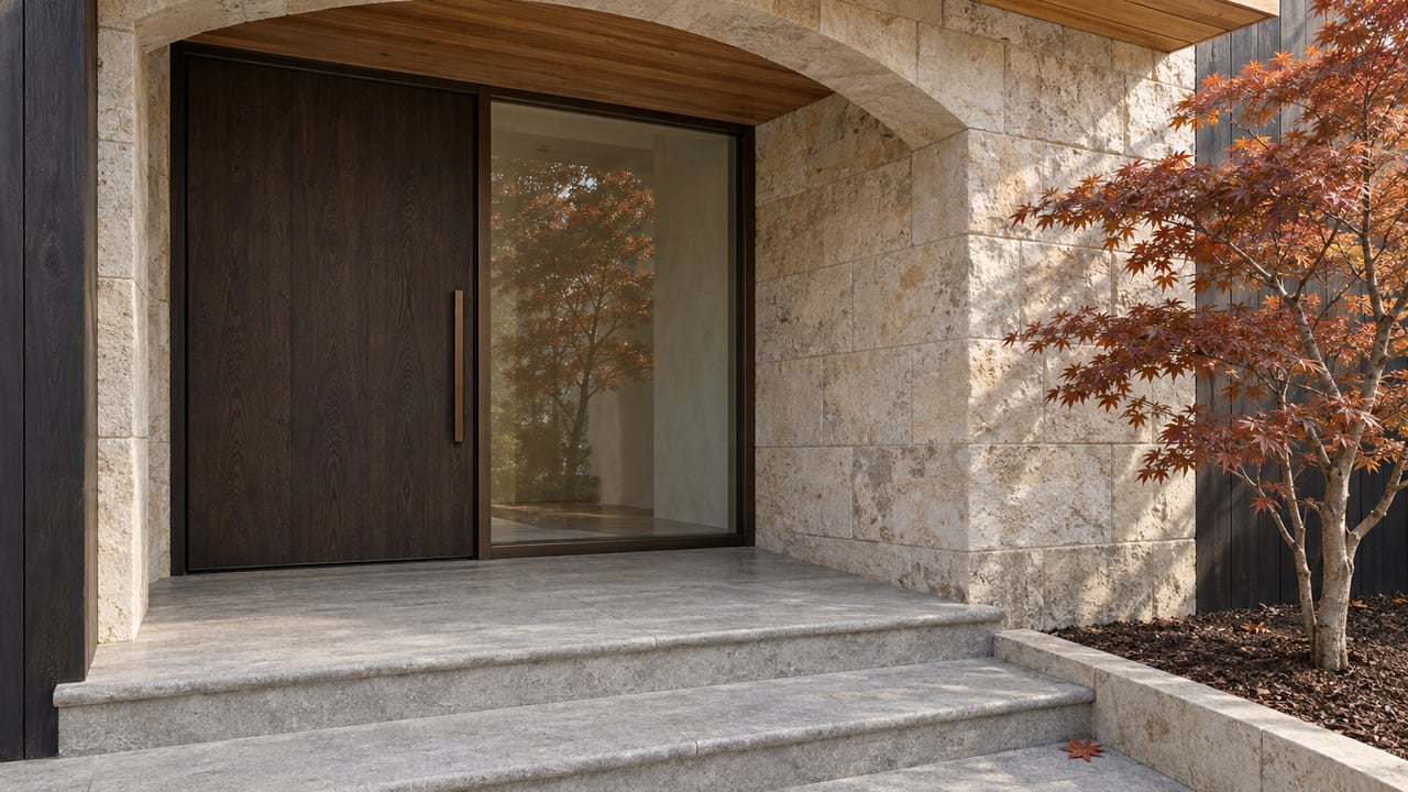 Close view of a limestone-arched home entrance with a dark oak door, bronze-framed glass, cedar soffit and russet Japanese maple beside stone steps.