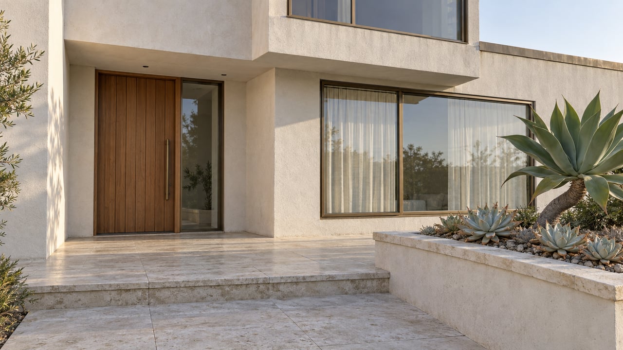 Pale stucco home with a cedar entry door, bronze-framed windows, limestone steps and sculptural succulents in a raised planter.
