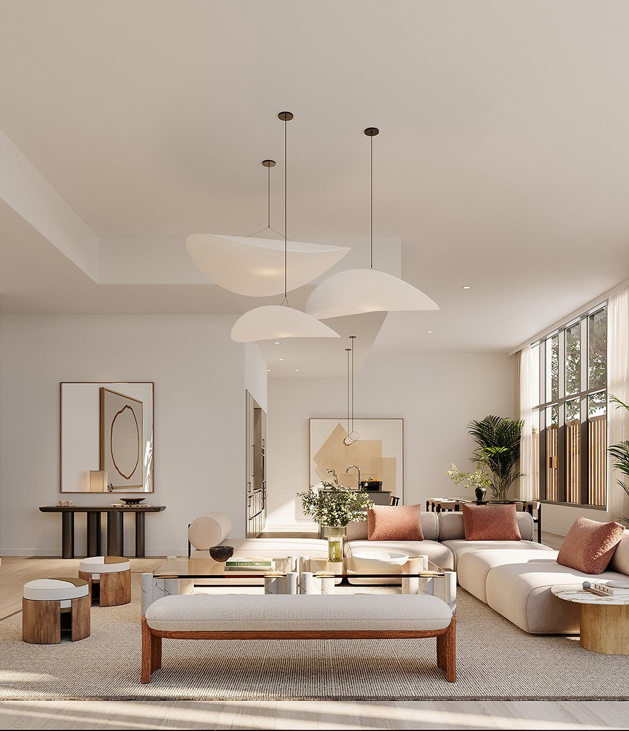 Rendering of residence living room at THE WELL Coconut Grove in Miami, Florida.
