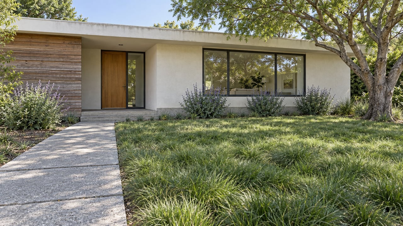 Single-story modern house with warm-white stucco, cedar siding and broad glazing beyond a deep sedge lawn and concrete entry walk.