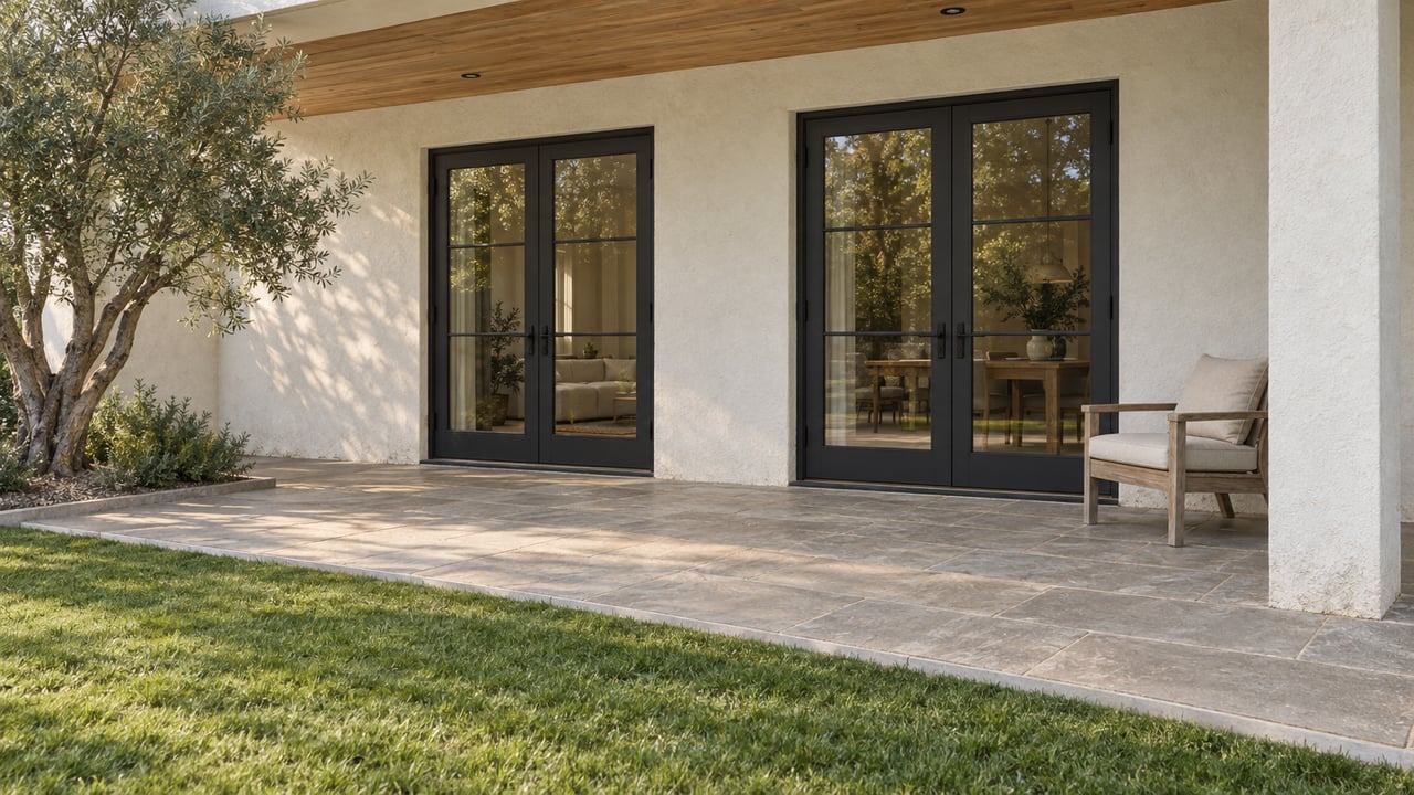 Covered terrace with timber soffit, white stucco, black French doors and limestone paving beside a lawn and olive tree.