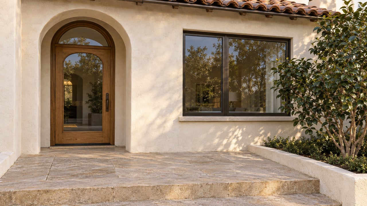 Arched oak-and-glass entry beside a bronze-framed window, with ivory stucco, a clay-tile eave and a limestone landing.