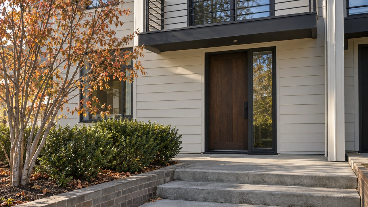 Townhouse entry with dark wood door, concrete steps, black balcony railing, and sparse copper-orange leaves.