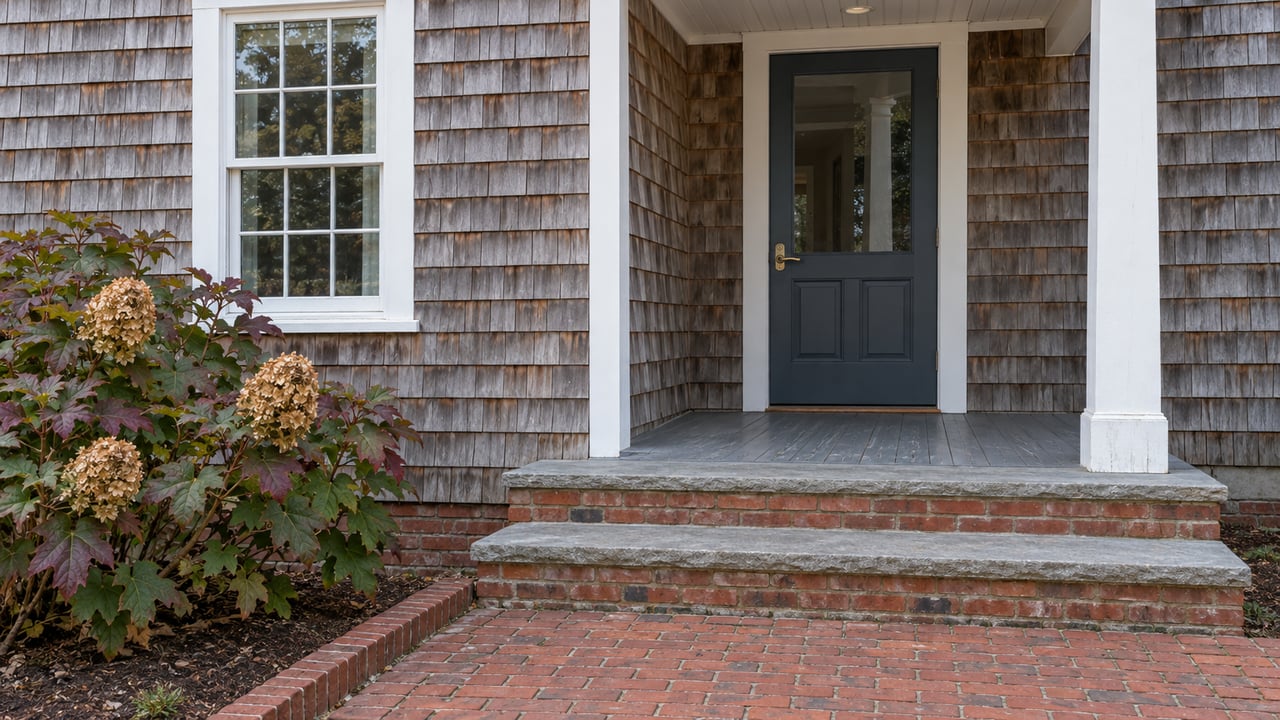 Weathered cedar-shingle home entrance with a slate-blue glazed door, white porch trim, brick steps and oakleaf hydrangea.