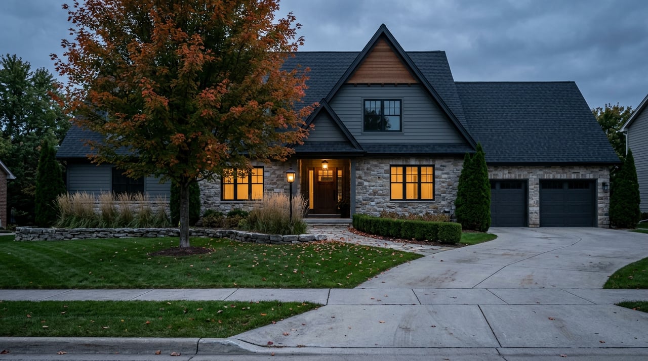 Two-story stone-and-siding home beyond a deep lawn, with a red maple, three-car garage, and glowing windows at dusk.