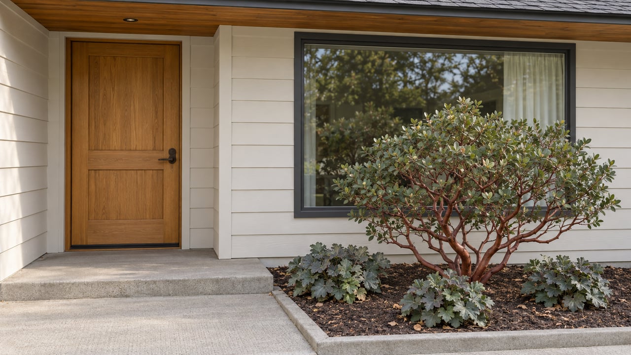 Sheltered ranch entry with a warm oak door, white siding, a broad picture window and sculptural manzanita beside a concrete approach.