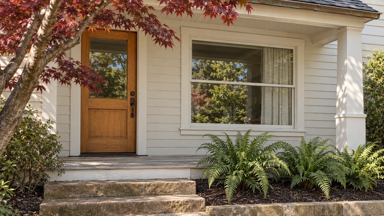 Ivory clapboard home with a glazed oak entry door, broad window, weathered porch and sandstone steps beside a Japanese maple and sword ferns.