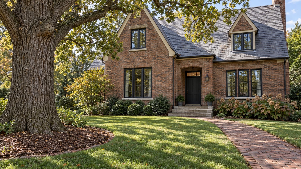 Mature oak beside a deep lawn and brick approach to a renovated brick house with slate gables and a dark front door.