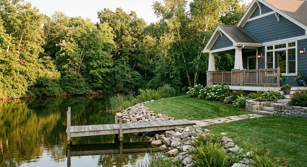 Gray dock meets a stone shoreline below a sloped lawn, with water and trees beyond.