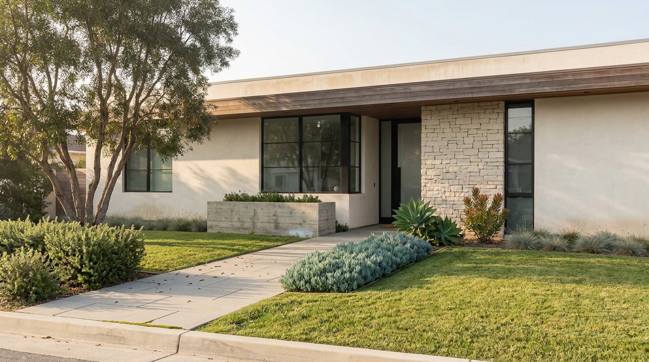 Single-story coastal home with warm stucco, black-framed glass, a limestone entry wall, and a broad lawn.