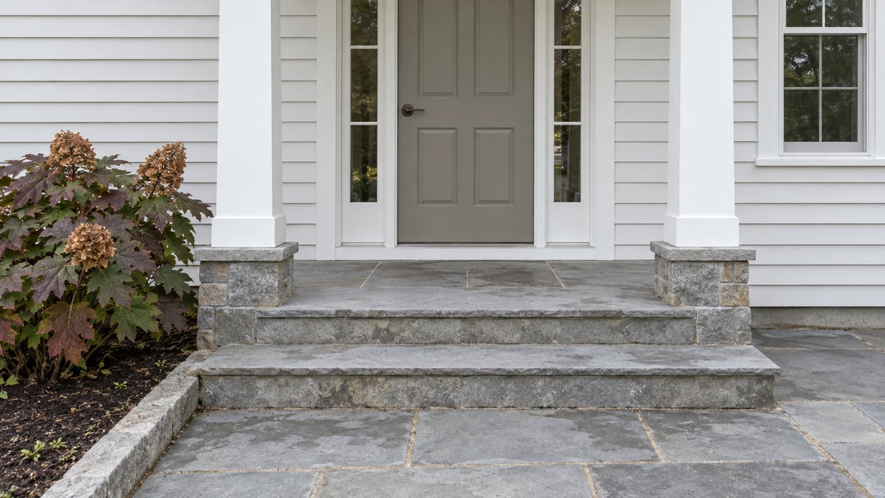 White clapboard entry with a gray door, glazed sidelights and pale stone steps beside an oakleaf hydrangea.