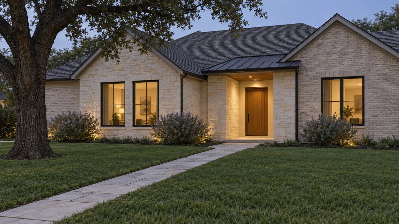 Detached cream-stone house at blue hour, with a diagonal paver path, oak tree, and warm-lit entry.