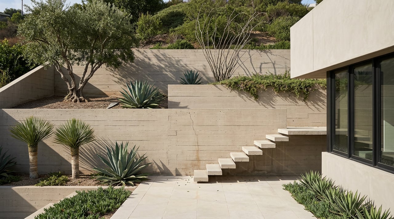 Terraced concrete retaining wall with floating stone steps, desert plants, and a stucco home corner.
