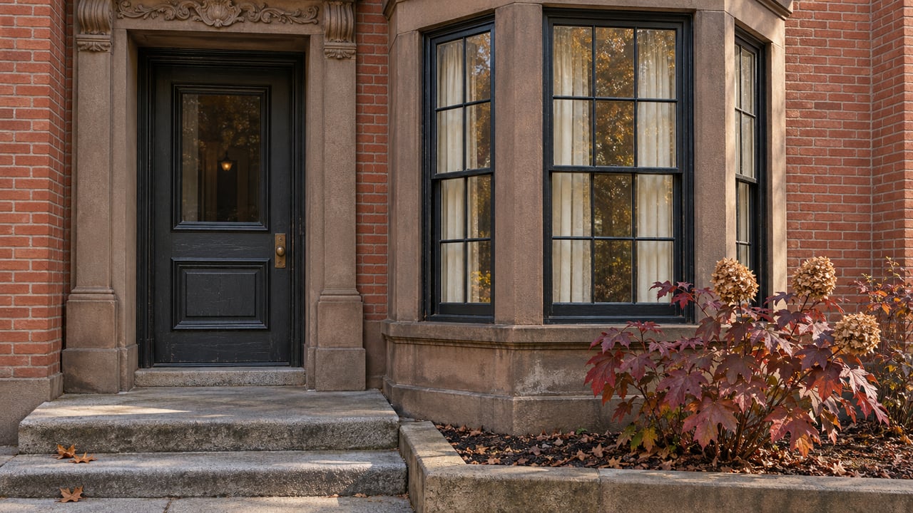 Weathered red-brick townhouse entrance with sandstone trim, black sash bay windows, granite steps, and burgundy oakleaf hydrangea.