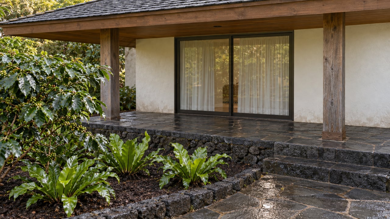 A sheltered timber entry with dark shingles, closed glass doors and basalt steps beside a rain-wet coffee shrub and bird's-nest ferns.