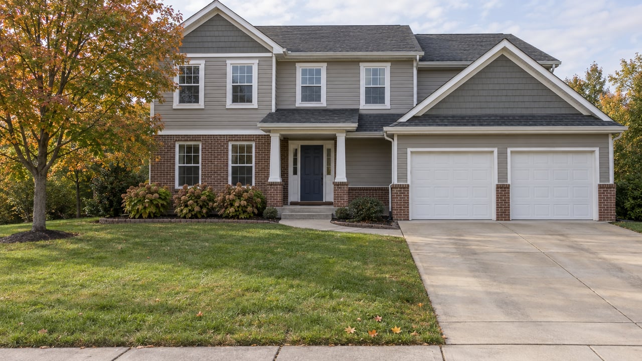 Two-story gray-sided home with brick accents, a deep front lawn, attached two-car garage and a maple tree beginning to turn copper.