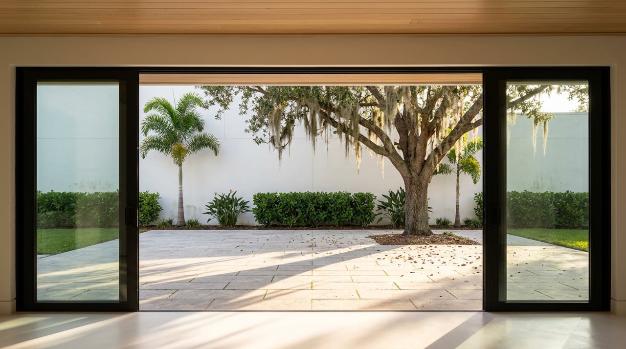 Private courtyard with a moss-draped oak casting a long shadow across pale stone pavers.