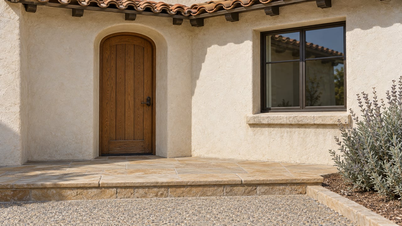 Close exterior view of a cream stucco home with a recessed oak door, clay tile eave and sandstone entry step.