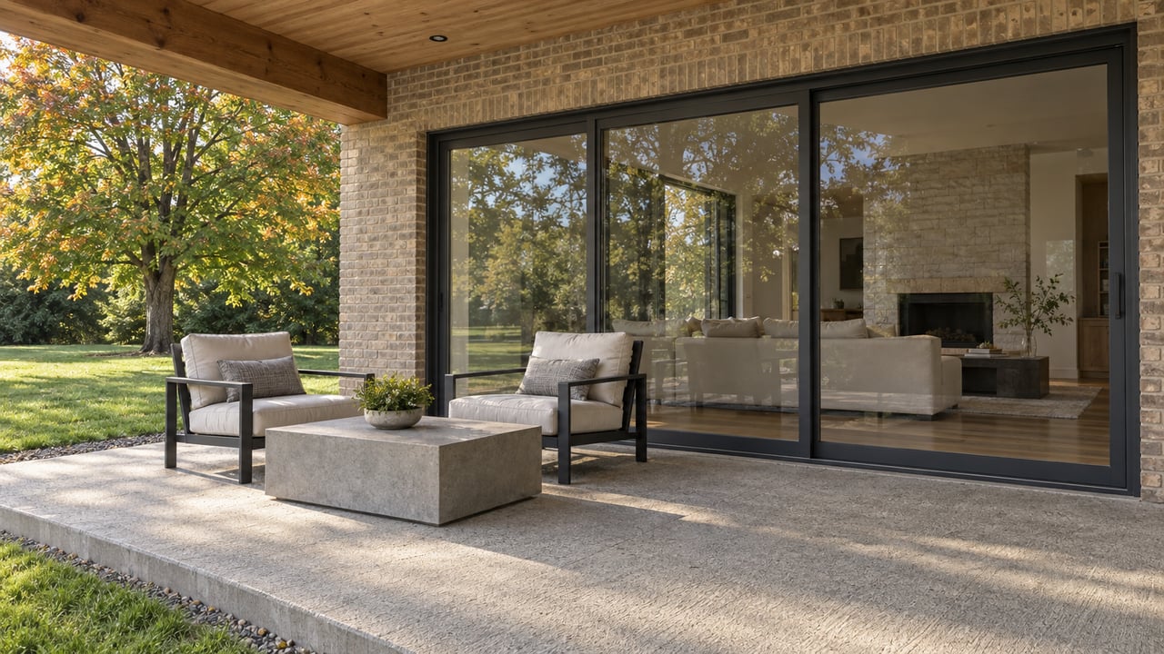 Covered brick-home terrace with cedar ceiling, two lounge chairs and closed glass doors to a bright living room, beside an autumn sugar maple.