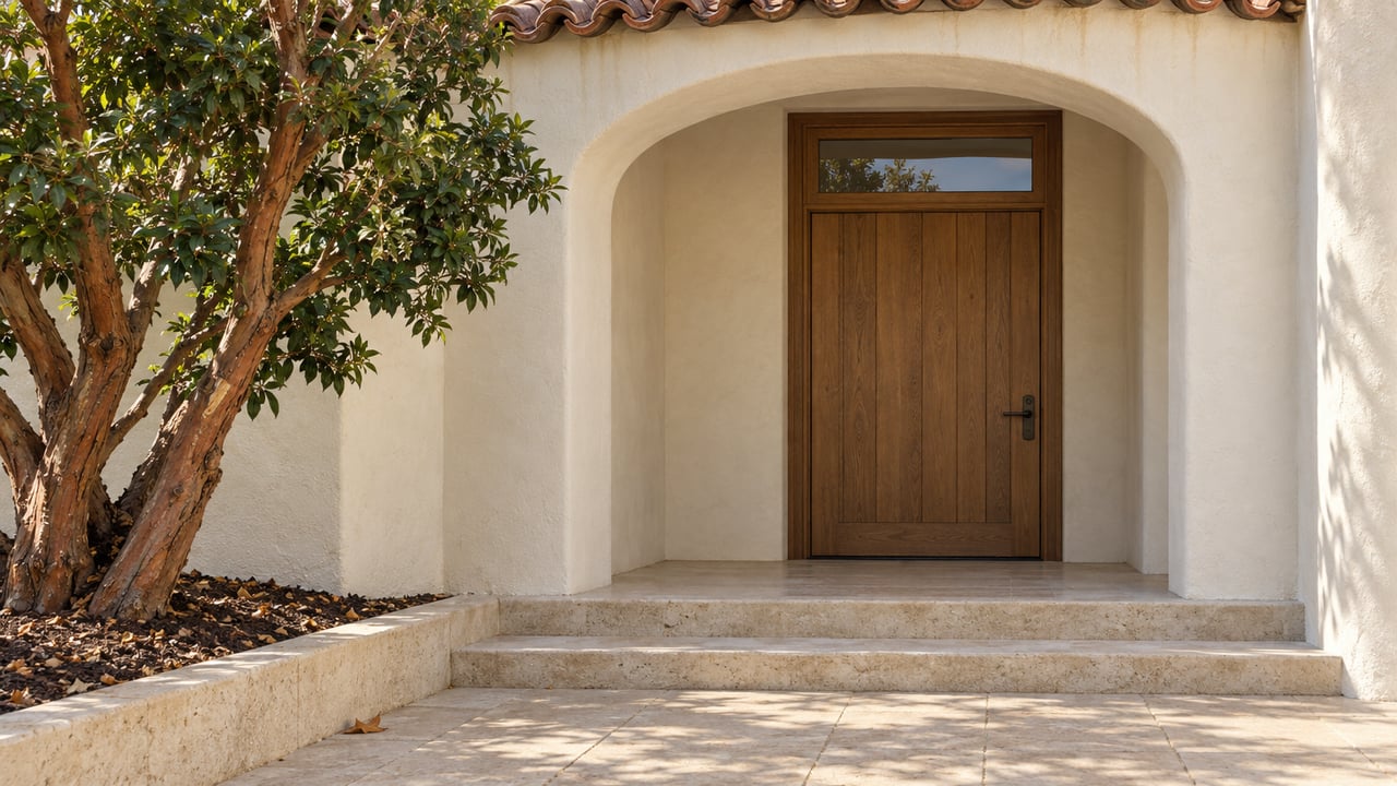 Sunlit stucco entrance with a recessed oak door, limestone steps and a sculptural strawberry tree.