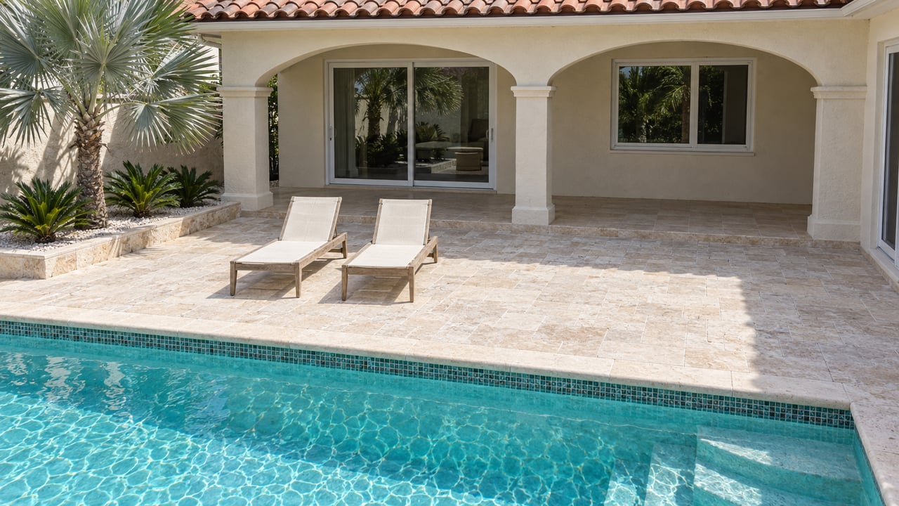 Sunlit cream-stucco home with a two-arch porch, pale limestone pool terrace, teak loungers, and a silver fan palm.