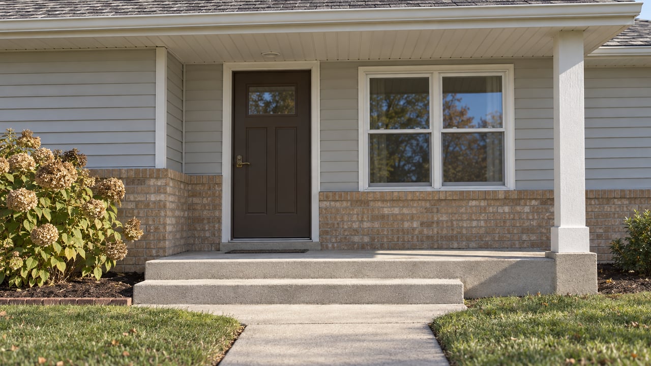 Covered ranch entry with buff brick, pale gray siding, concrete steps and dried hydrangea flowers in autumn sunlight.