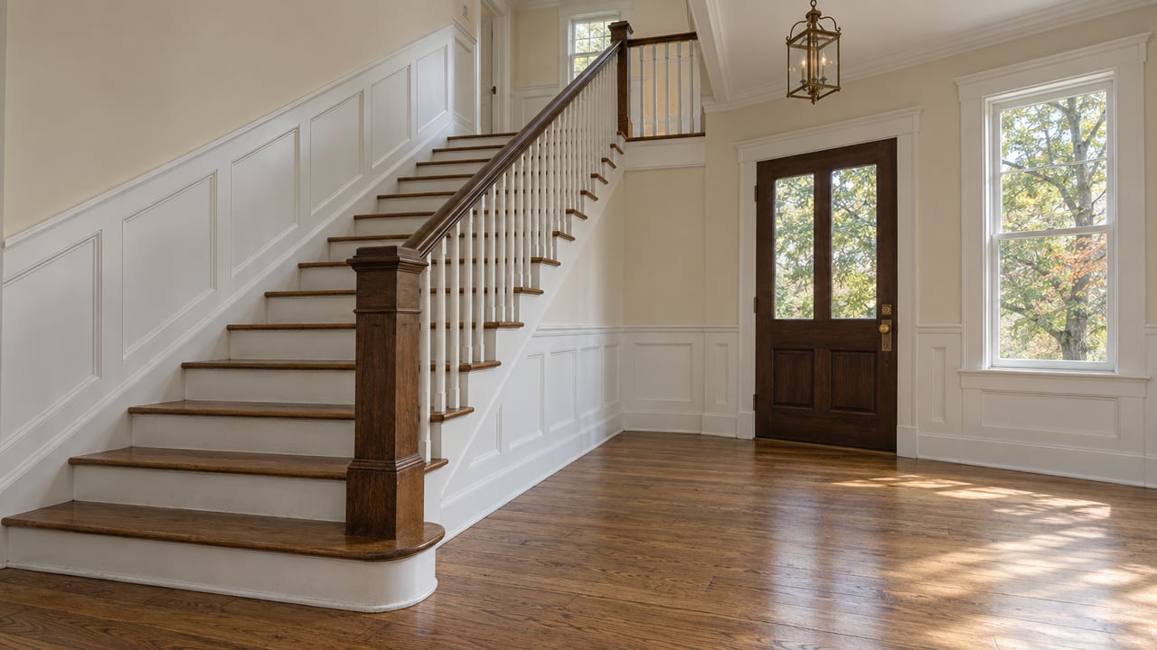 Bright enclosed stair hall with oak floors, white paneled walls, a dark handrail and a glazed wood front door.