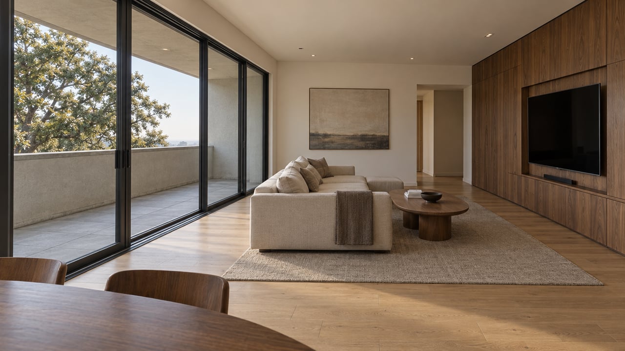 Spacious condominium living room with pale oak floors, walnut paneling, a low wool sofa and dark-framed glass doors to a recessed balcony.