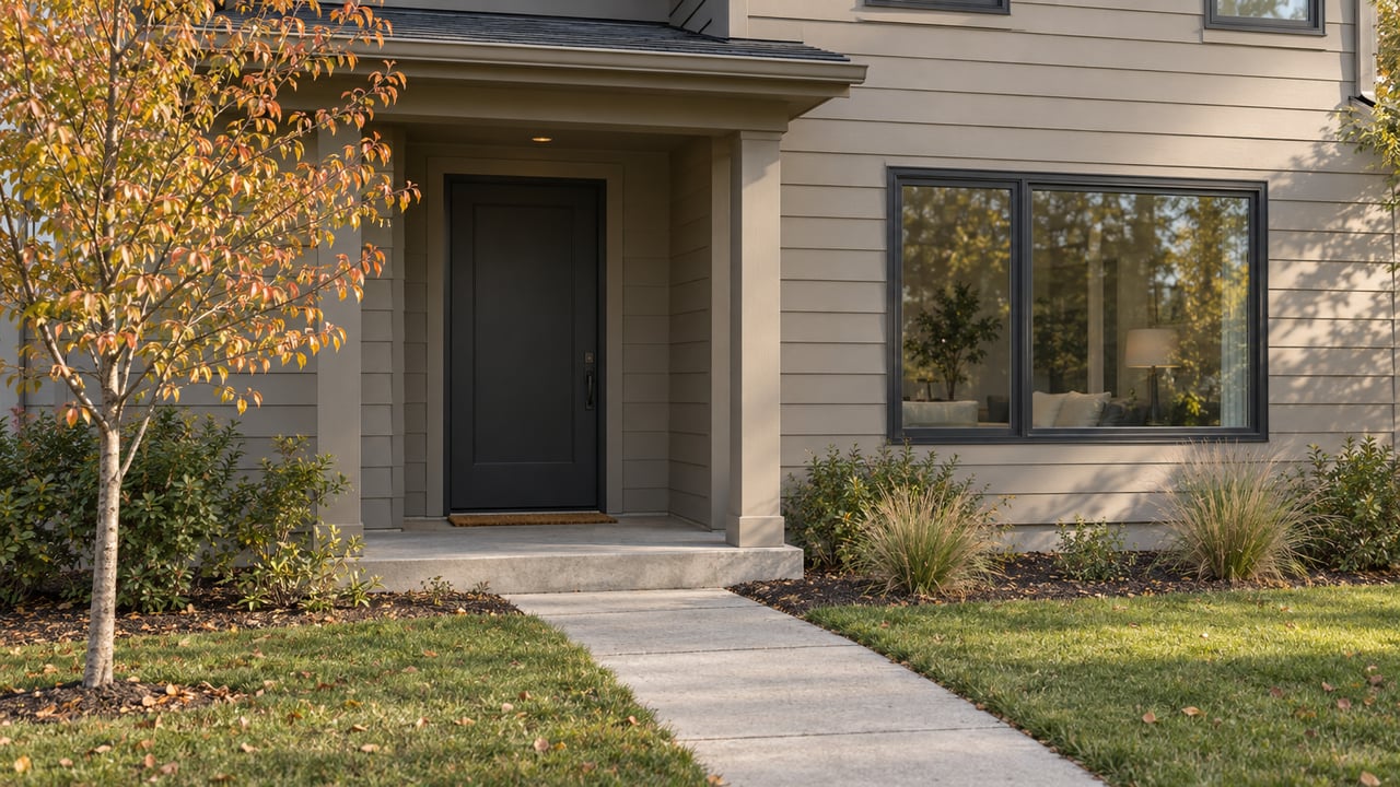 Greige-sided home with a recessed charcoal door, dark-framed window, concrete walk, lawn, and sparse young plantings.