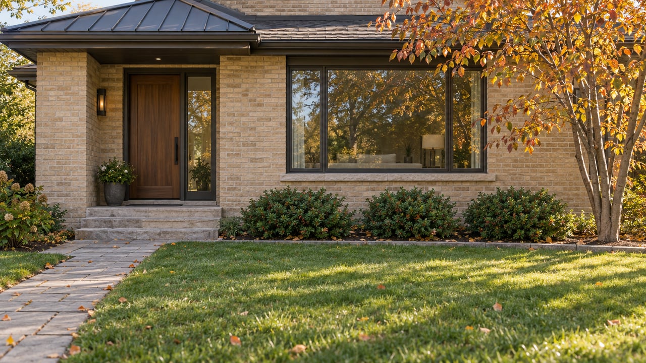 Renovated pale-buff brick bungalow with a walnut entry, limestone walkway, autumn tree, and golden lawn.