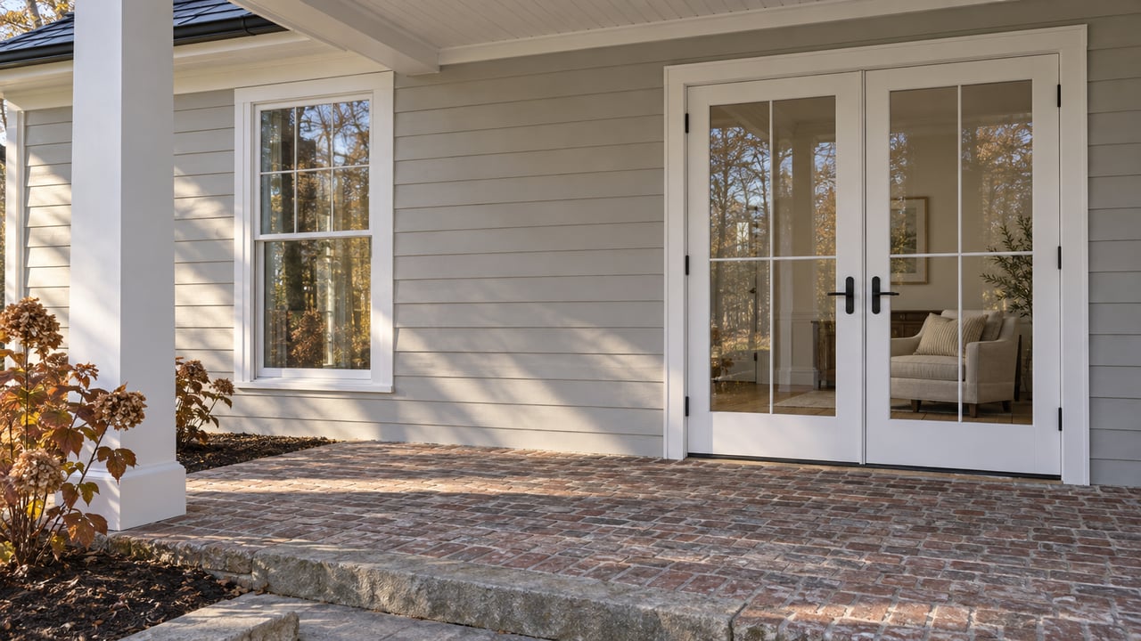 Winter morning light crosses a brick porch outside pale siding and closed glazed doors, with a copper-leaved oakleaf hydrangea beside a stone step.