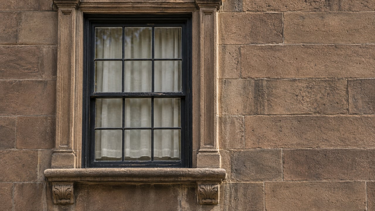A recessed black-painted townhouse window framed by weathered brown sandstone, a layered lintel and two carved sill brackets.