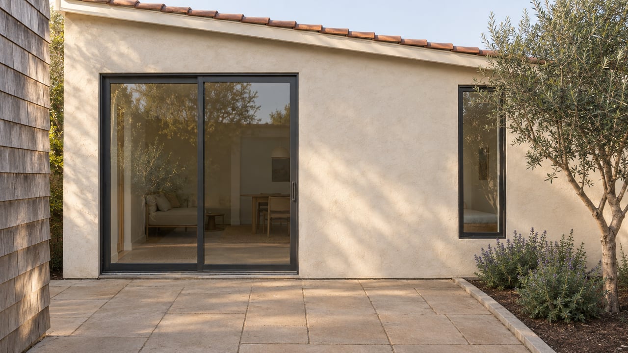 Compact cream-stucco backyard dwelling with glass doors, a narrow window, paver court, and small olive tree.