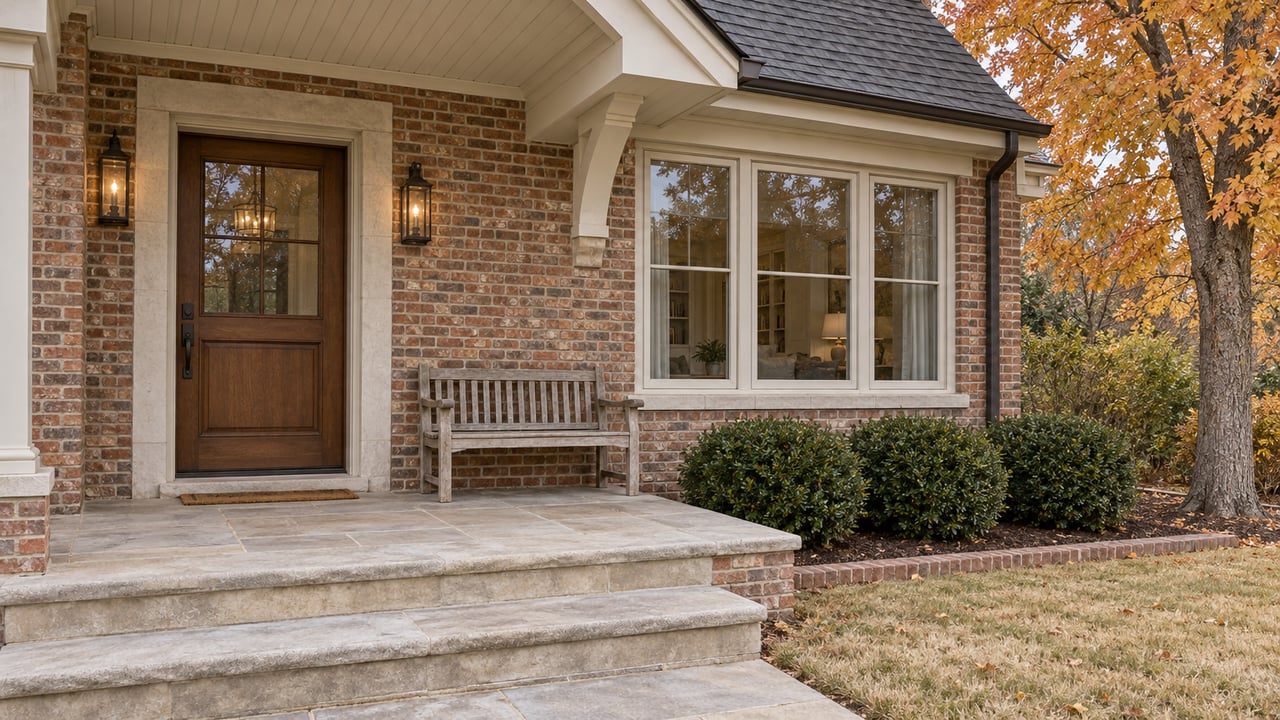 Sheltered brick home entry with an oak door, limestone steps, an oak bench and an amber-leaved maple.