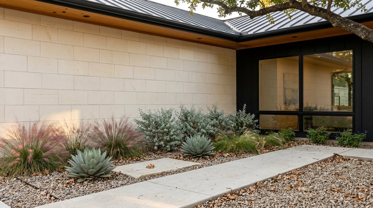 Limestone house corner with a black-framed window, pink muhly grass, agaves, and oak leaves in warm sunlight.