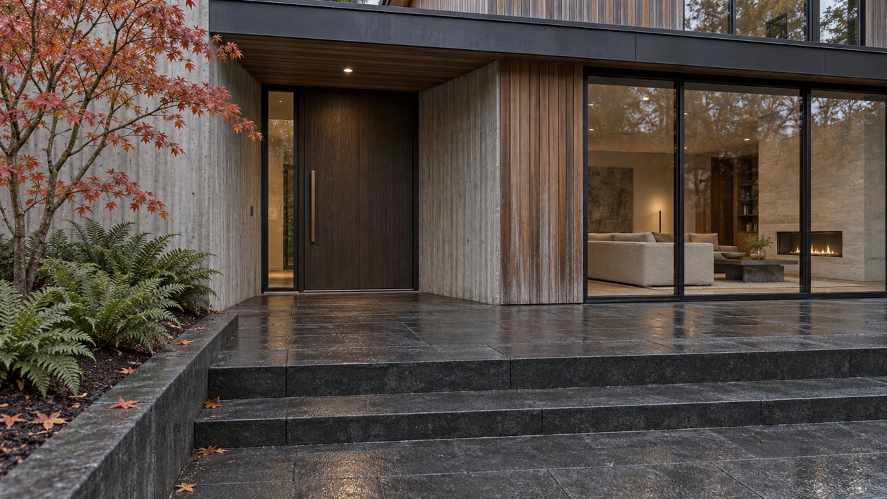 Rain-darkened basalt steps approach a contemporary home's cedar and concrete entry, beside copper-red vine maple leaves and enclosed warm living-room glazing.
