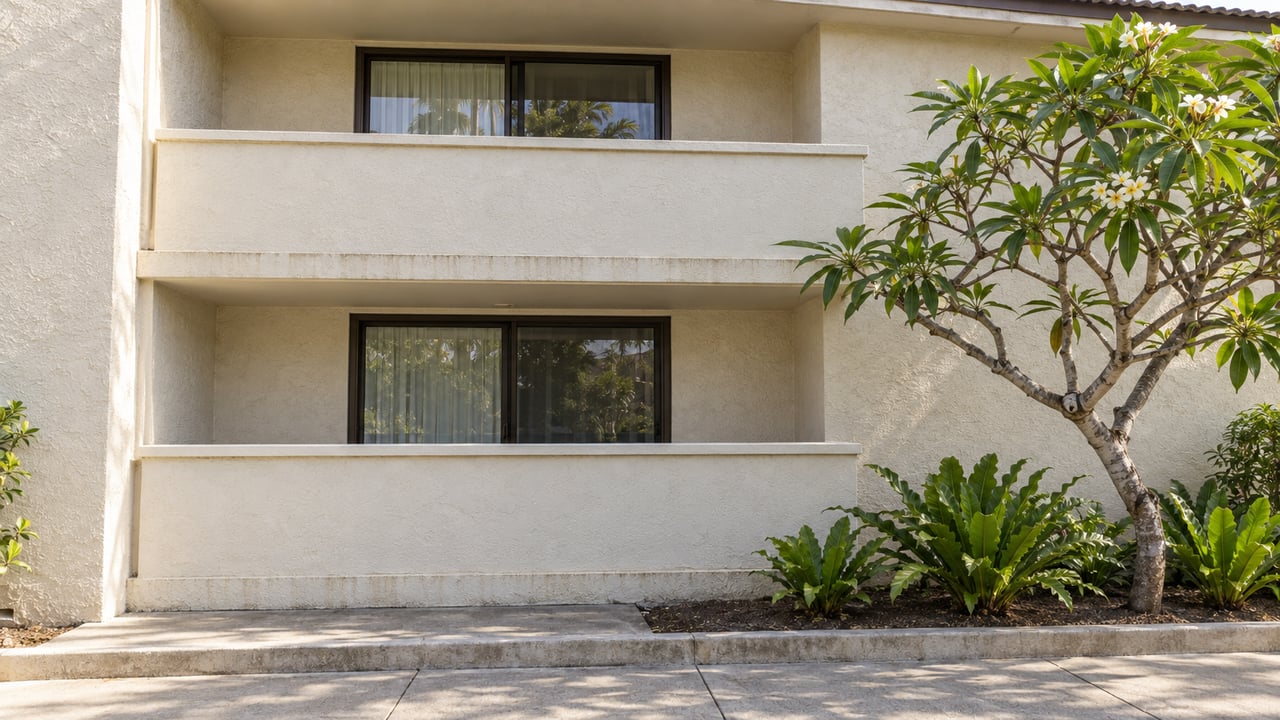 Two stacked concrete lanais on an ivory stucco building, beside a plumeria and three bird’s-nest ferns.