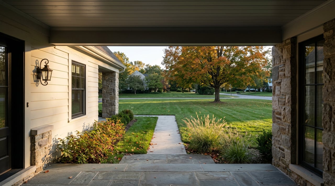 View from a stone portico across a sunlit lawn to an amber maple tree in early autumn.