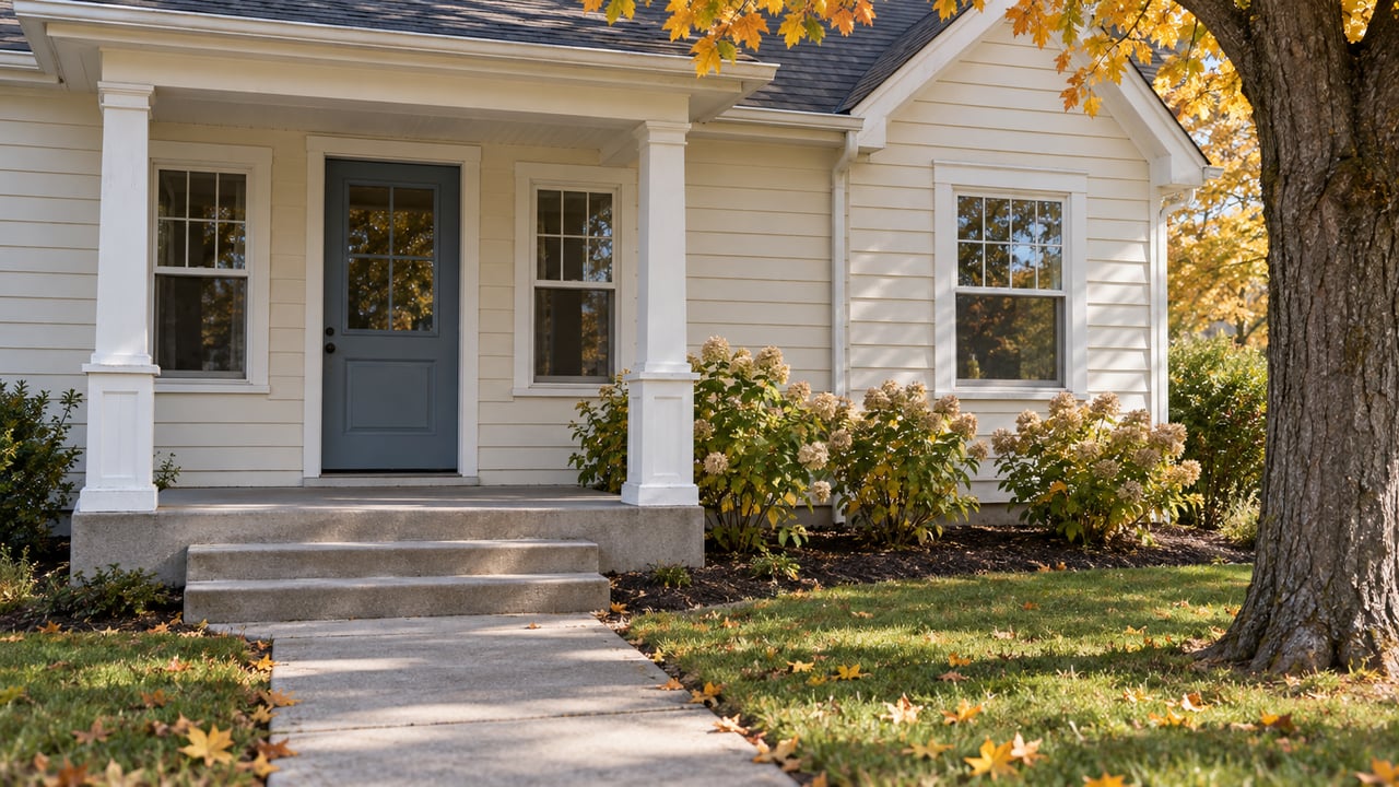 Cream clapboard house with a blue front door, concrete porch steps and yellow-orange maple foliage in autumn sunlight.