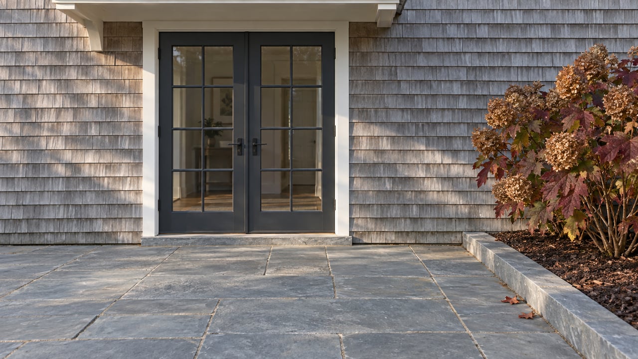 Weathered cedar-shingle home with paired glazed doors, a broad bluestone terrace and burgundy oakleaf hydrangea in autumn light.