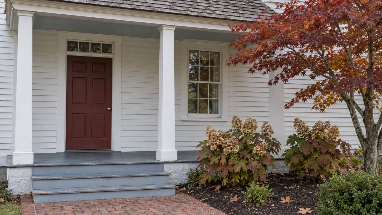 White clapboard house with an oxblood front door, weathered painted porch steps, brick approach, and autumn Japanese maple beside oakleaf hydrangeas.