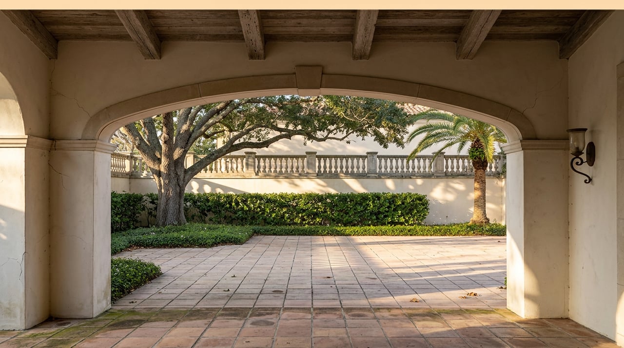 Terracotta-paved courtyard framed by a stucco arch, with a sweeping oak, clipped hedge, and long afternoon shadows.