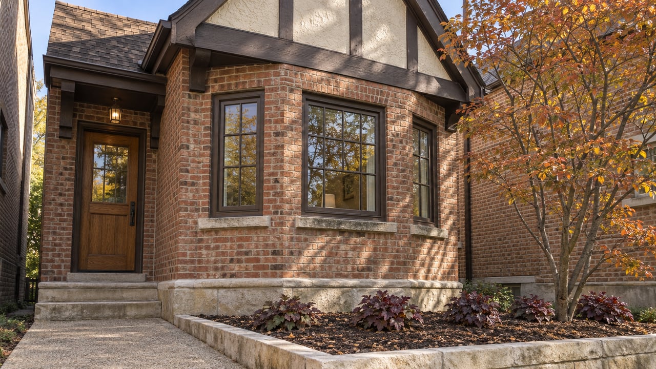 Close view of a brick home's gabled window bay, recessed oak entry, and autumn serviceberry beside a limestone-edged planting bed.