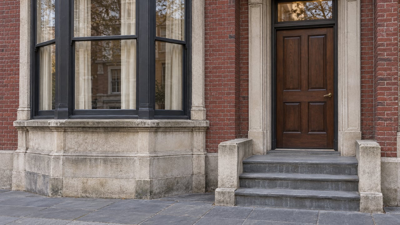 Red-brick townhouse frontage with a tall bay window, limestone detailing, walnut entry door and worn bluestone steps in soft autumn daylight.