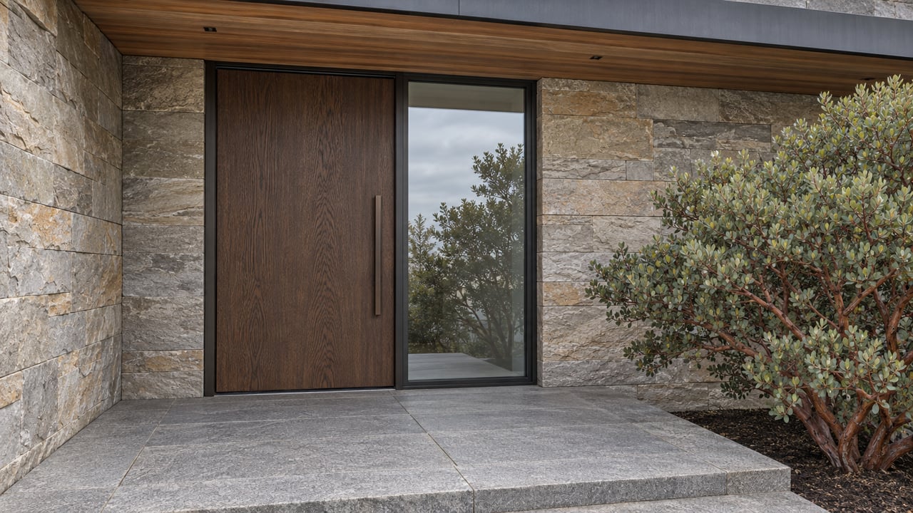 A contemporary home's recessed oak entrance, sandstone walls and granite approach beside a sculptural manzanita.