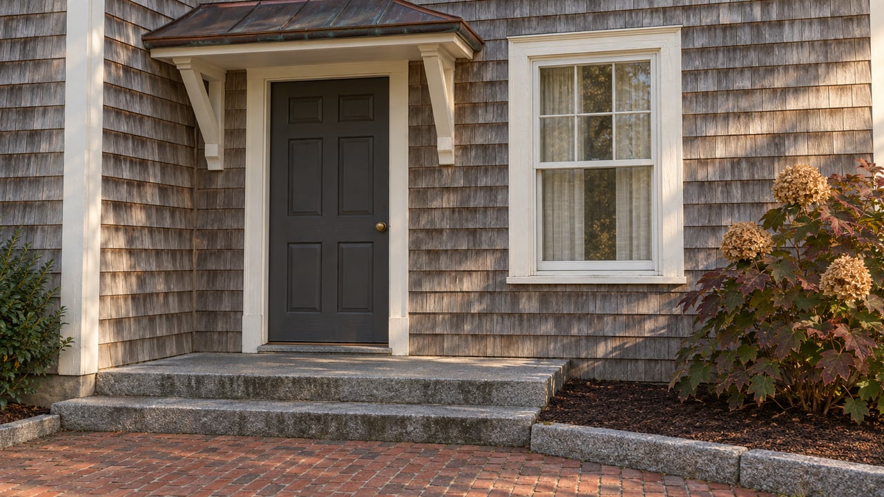 Weathered cedar-shingle home entry with a charcoal door, painted canopy brackets, granite steps, and a brick approach beside an oakleaf hydrangea.